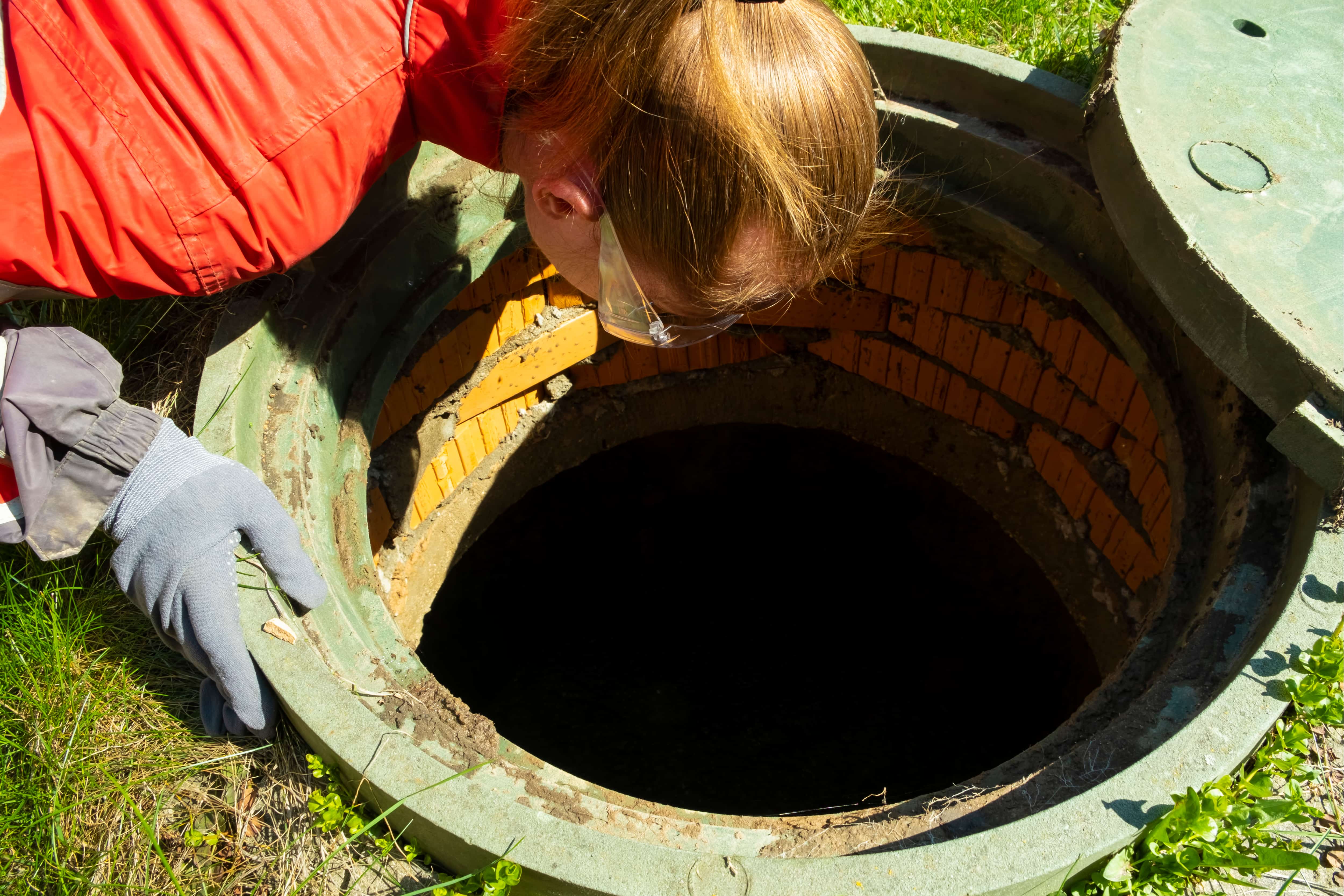 A person wearing a red jacket and grey gloves leans over the edge of an open manhole to inspect its interior, perhaps as part of Cesspool Maintenance Suffolk County.