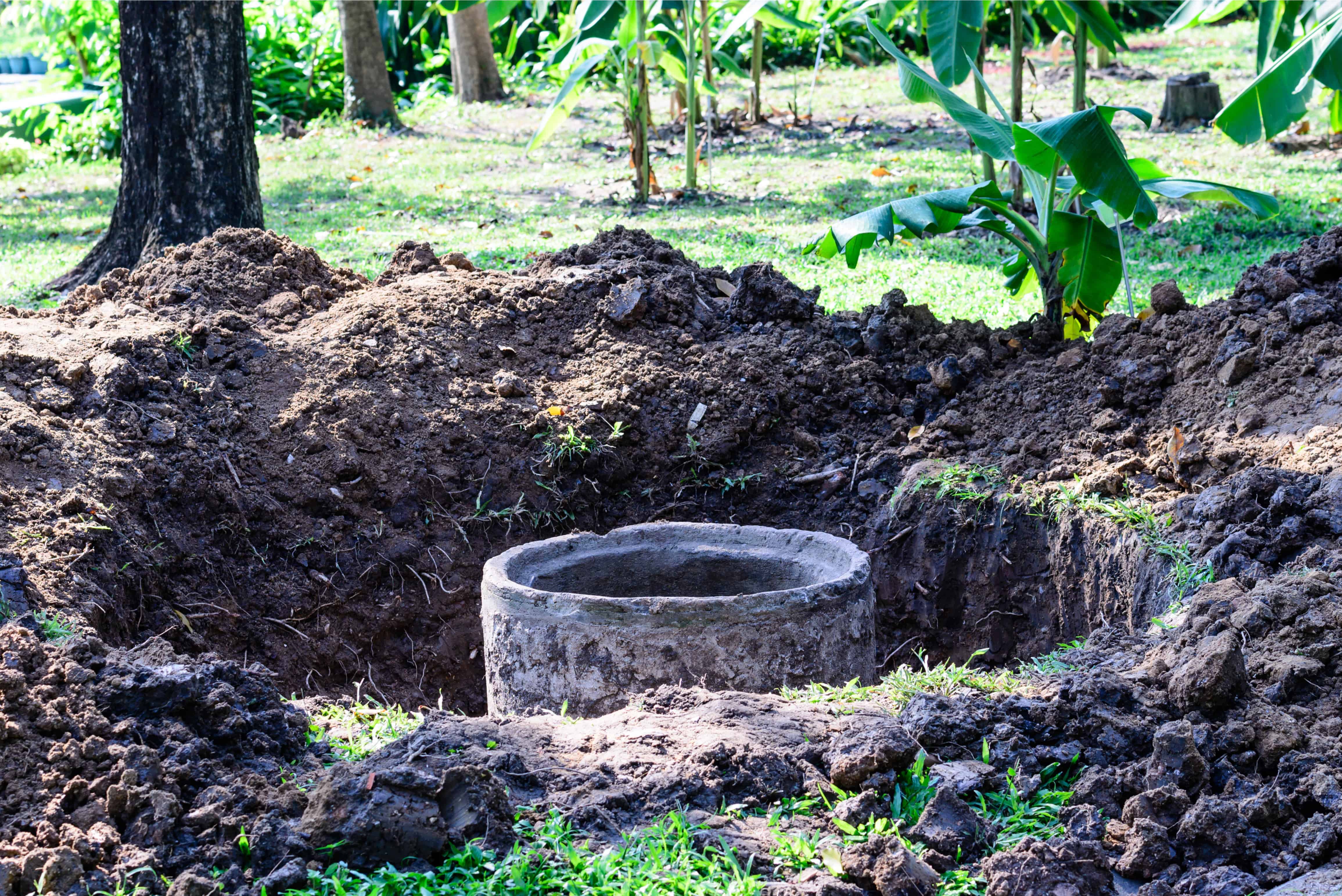 A concrete well is partially submerged in the ground, surrounded by freshly dug earth and green vegetation. The well is set in a rural area with various plants and trees in the background, possibly indicating ongoing installation or maintenance, similar to Cesspool Services Suffolk County.