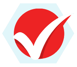 A large, white checkmark is centered within a red circle, which itself is inside a light blue hexagon against a pink background—reminiscent of the precision and care used in septic tank pumping.