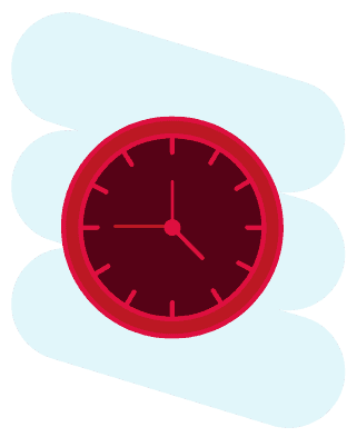 An illustration of a red clock with simple hour, minute, and second hands against a maroon background, partially surrounded by three light blue, rounded rectangular shapes.