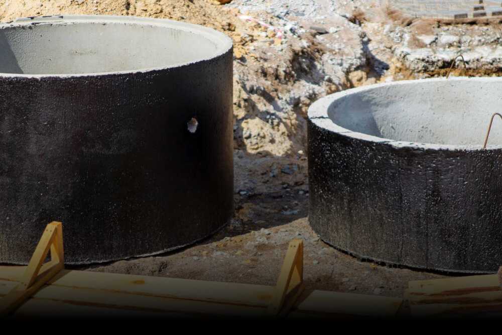 Two large, circular concrete structures partially embedded in the ground at a construction site.