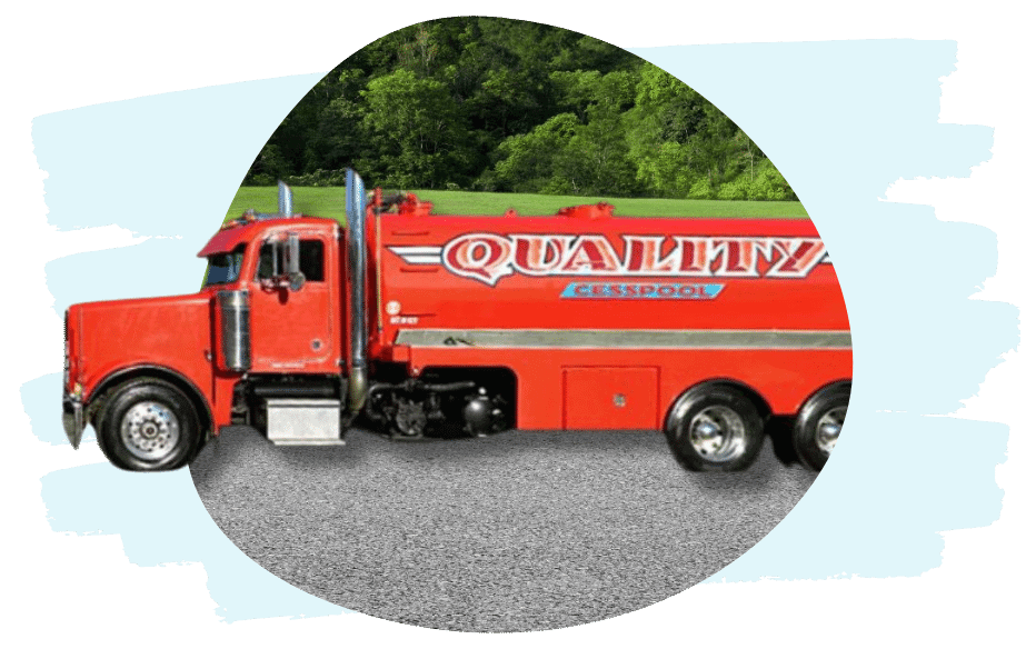 A large red septic truck with the words "Quality Cesspool" written on the side is parked on a paved surface with green trees and grass in the background. The truck, designed for septic tank pumping, has multiple wheels and a shiny, well-maintained appearance.