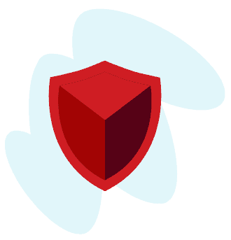 A red shield icon with a three-dimensional design is placed in front of abstract light blue shapes on a dark red background.