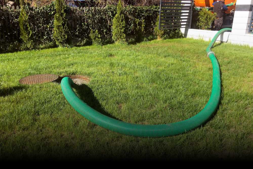 A large green hose is stretched across a grassy lawn, leading to an open manhole, indicating septic tank pumping. In the background, a person stands near a vehicle. The lawn is bordered by a hedge and a wooden fence. Some trees and plants can be seen at the edges of the lawn.