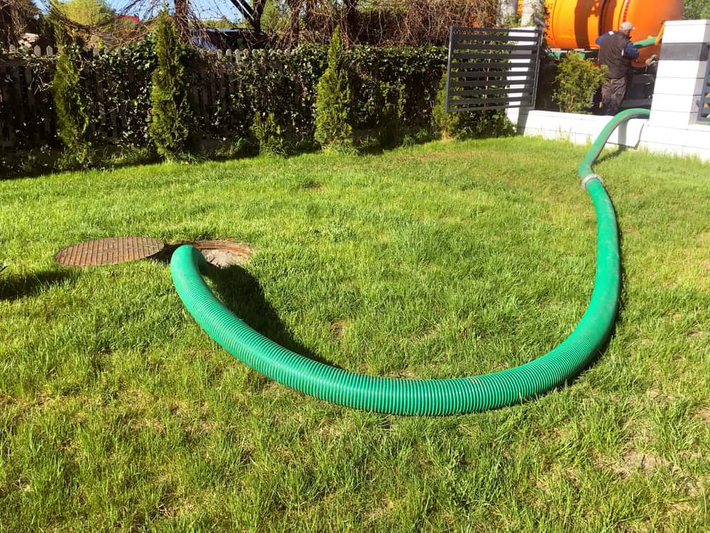 A green hose is connecting a septic tank cover on a lawn to a large orange vehicle in the background, indicating ongoing cesspool cleaning. Trees and shrubs border the yard, and a person is partially visible near the vehicle.