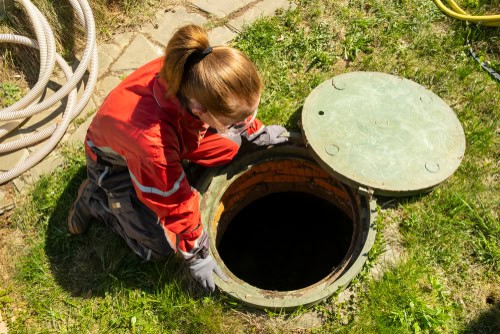 A person wearing a red jumpsuit and gloves is kneeling beside an open manhole cover. They are looking inside the manhole, which is surrounded by grass and some paving stones. Yellow hoses are visible in the background, indicating they might be performing septic tank services in Suffolk County.