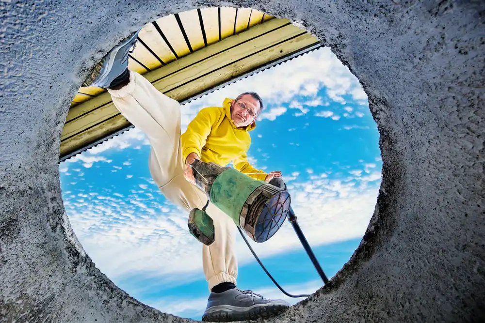 A person in a yellow hoodie and light pants holds a green vacuum cleaner, viewed from below through a circular opening against a blue sky with scattered clouds.