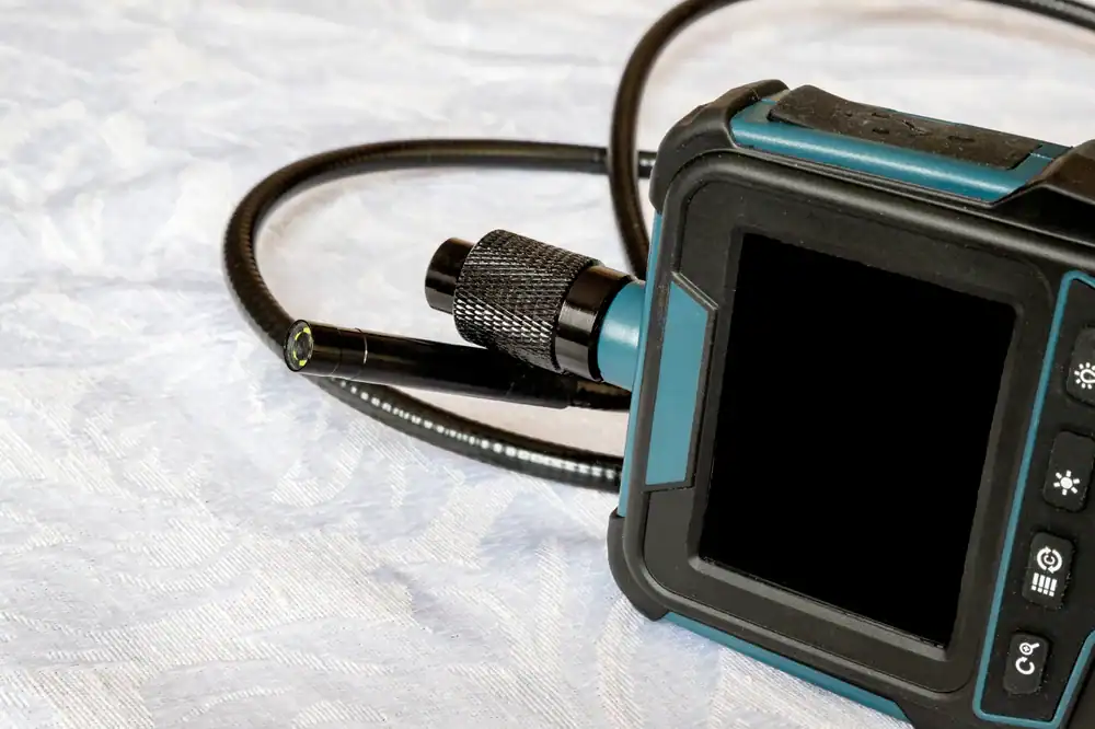 A digital inspection camera with a flexible cable and small lens is placed on a light patterned surface, showing part of its screen and control buttons.