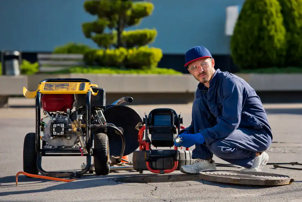 A worker in blue coveralls and gloves kneels near an open manhole, operating a sewer inspection camera. Equipment and machinery are set up around him on a paved surface, with trees and shrubs in the background.
