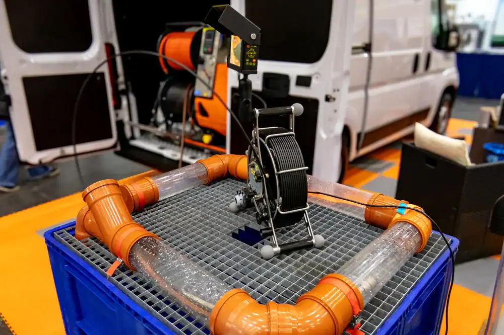 A camera inspection device with a reel and monitor is set up near a square grid platform, with clear pipes and orange fittings, in front of a white van at an indoor exhibition.