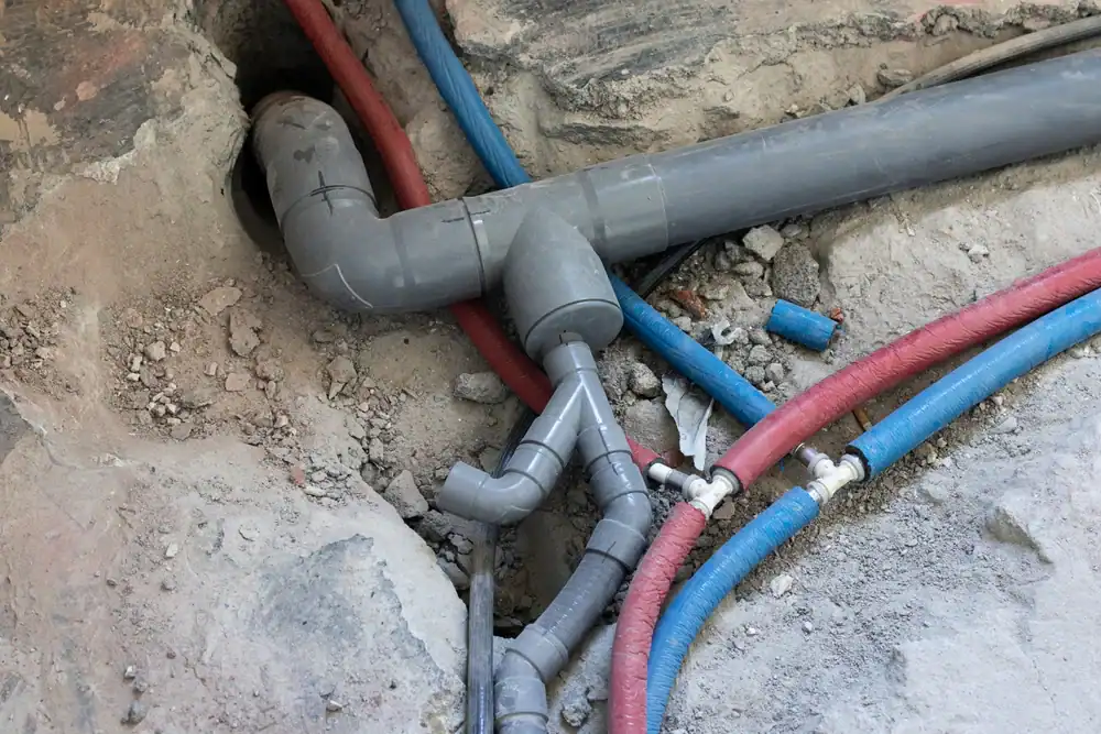 Exposed plumbing pipes, including gray PVC and red and blue water lines, are installed in a concrete floor with some loose rubble and unfinished surfaces visible around them.