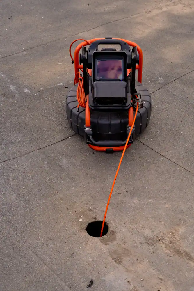 A robotic inspection device with orange cables is positioned on concrete near a small round hole, with its camera screen facing outward.