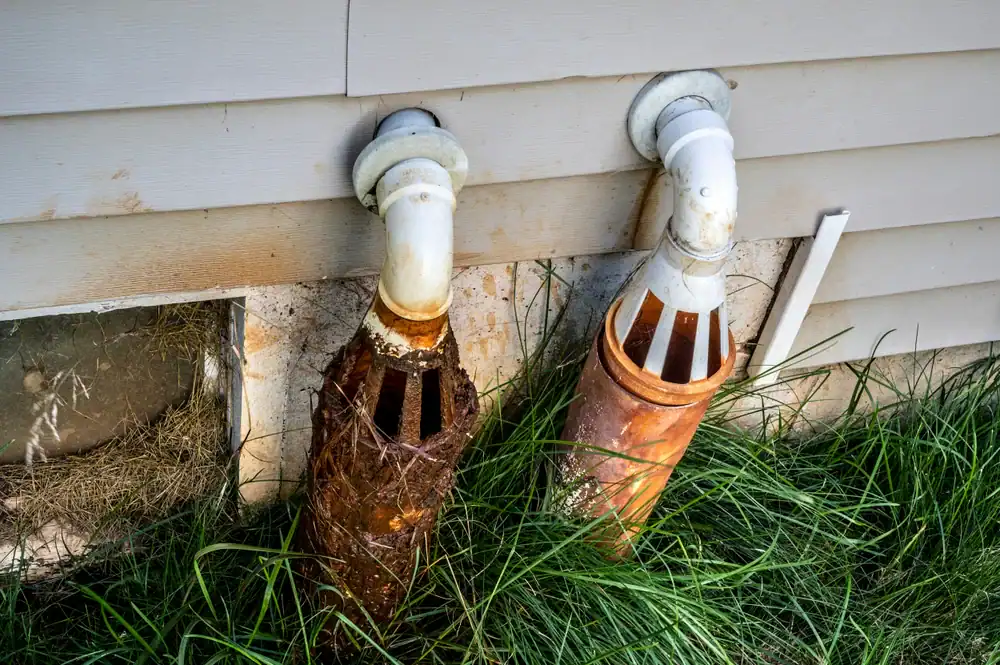Two white PVC pipes extend from a house's exterior wall, each covered with a rusted, metal vent cap. The wall and caps show stains and rust, with overgrown grass at the base.