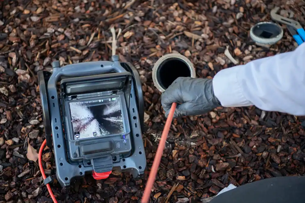 A person wearing a glove inserts a cable into an outdoor pipe while inspecting the inside using a monitor displaying a live video feed of the pipe&rsquo;s interior. The area around is covered with bark mulch.