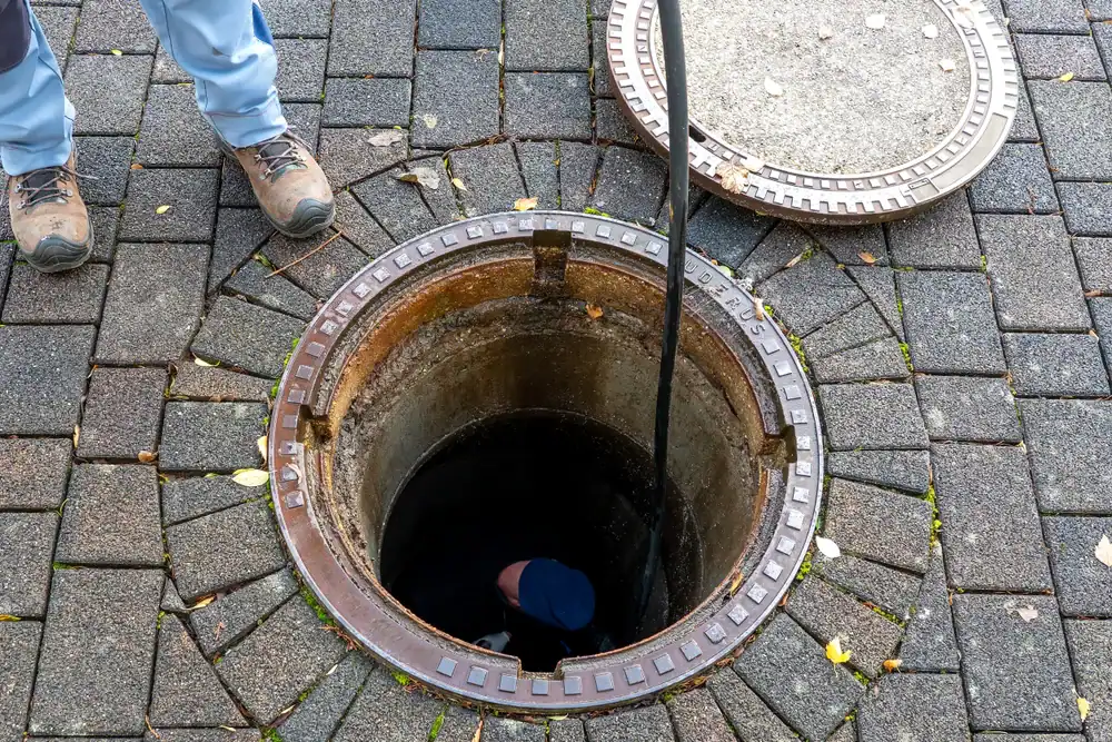A person standing on brick pavement next to an open manhole cover, with another person partially visible inside the manhole and a black cable or hose extending into it.
