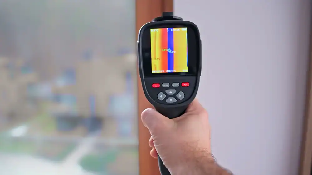 A person holds a thermal imaging camera in front of a window, with the camera screen displaying a colorful heat map of the view outside.