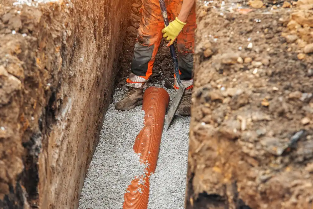 A worker wearing gloves and orange work pants stands in a trench, using a shovel to install an orange perforated drainage pipe on a layer of gravel. Soil walls surround the trench.