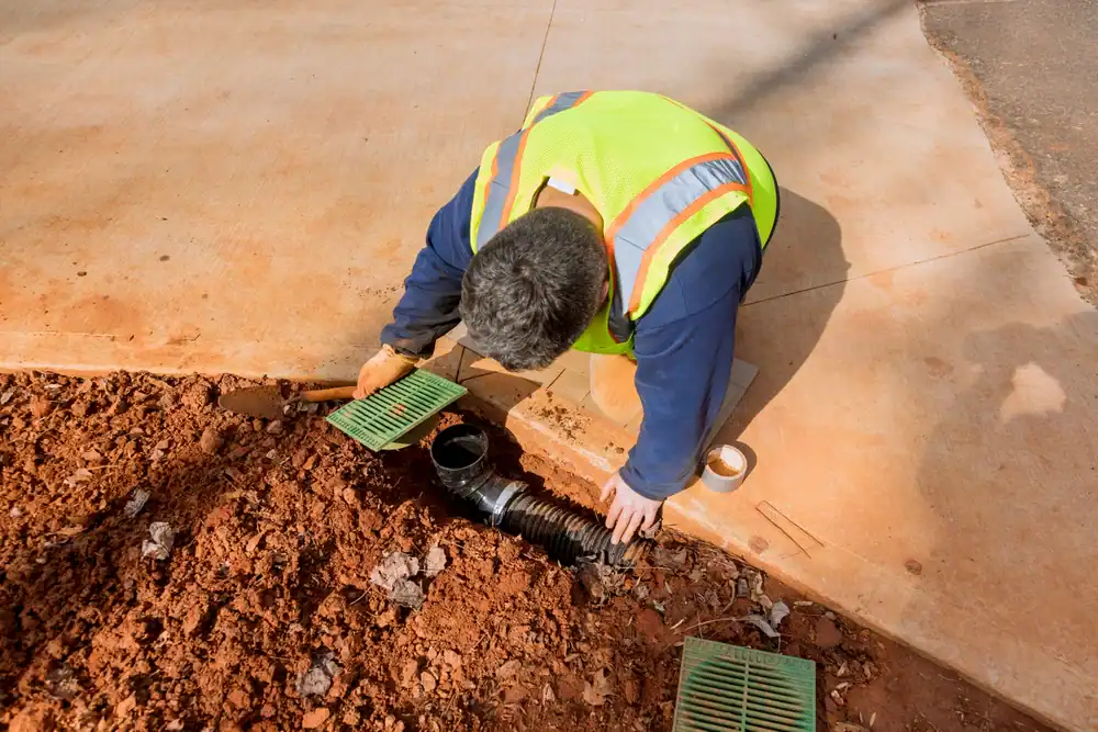 A worker in a reflective vest kneels on the ground, installing a green drain cover over a black pipe at the edge of a sidewalk next to exposed red soil.